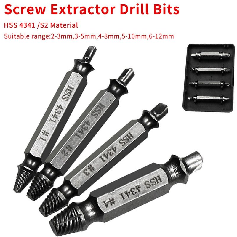 Double côté percer endommagé extracteur de vis sur dissolvant Handymen cassé boulon goujon enlèvement Kit d'outils 4pc #1 #2 #3 #4 avec étui
