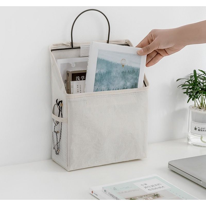 Sac De Rangement Mural En Coton Et Lin, 1 Pi¿¿Ce, Sac De Rangement Mural Suspendu Au Chevet Du Lit, Organisateur De Livre, Magazine, Support Pour T¿¿L¿¿Phone Portable
