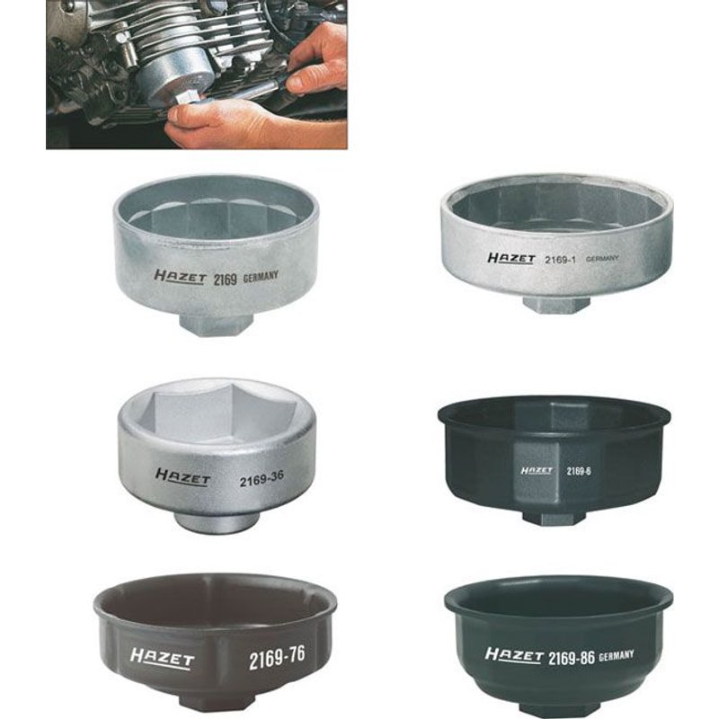 Hazet Jeu de clés pour filtres à huile - Carré creux 10 mm (3/8 pouce), Carré creux 12,5 mm (1/2 pouce) - Profil à 6 pans extérieurs - Nombre d'outils: 6 - 2169/6