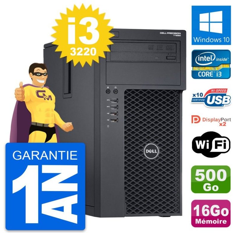 PC Tour Dell Precision T1650 Intel i3-3220 RAM 16Go Disque 500Go Windows 10 Wifi