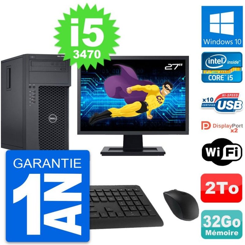 PC Tour Dell T1650 Ecran 27" Intel i5-3470 RAM 32Go Disque 2To Windows 10 Wifi