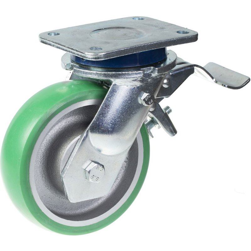 160mm swivel/brake castor with green convex elastic polyurethane on cast iron ce