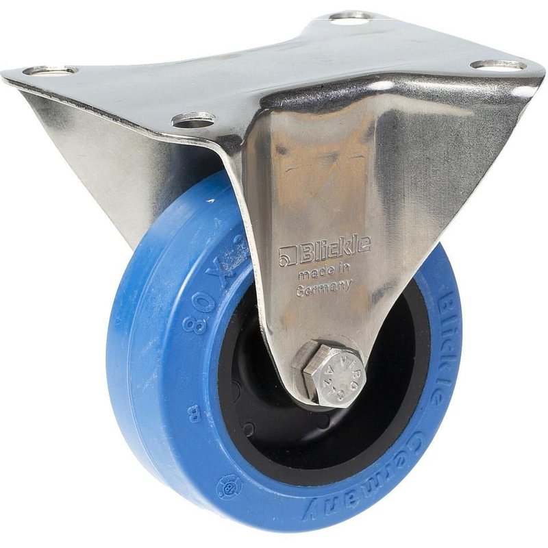80mm stainless steel fixed castor with blue elastic rubber on nylon centre wheel