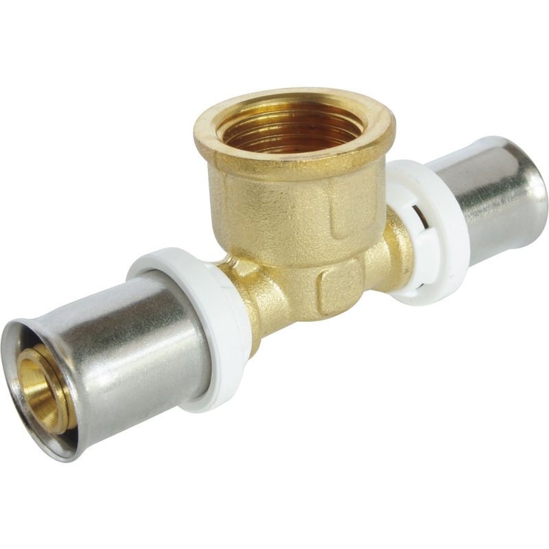 Té à sertir pour tube Multicouche Ø20 - Femelle 20/27 au centre: Ø20-F20/27-Ø20