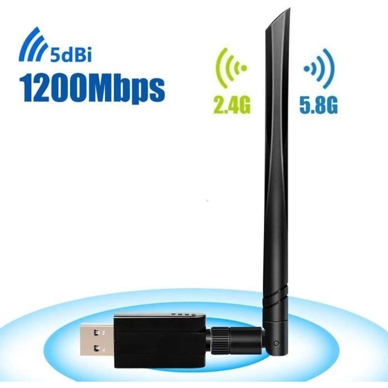 Adaptateur USB Wifi,1200Mbps Clé Wifi Dongle Sans Fil 11AC Dual Band USB 3.0 Carte Wifi Usb avec Antenne Détachable Clef Wifi