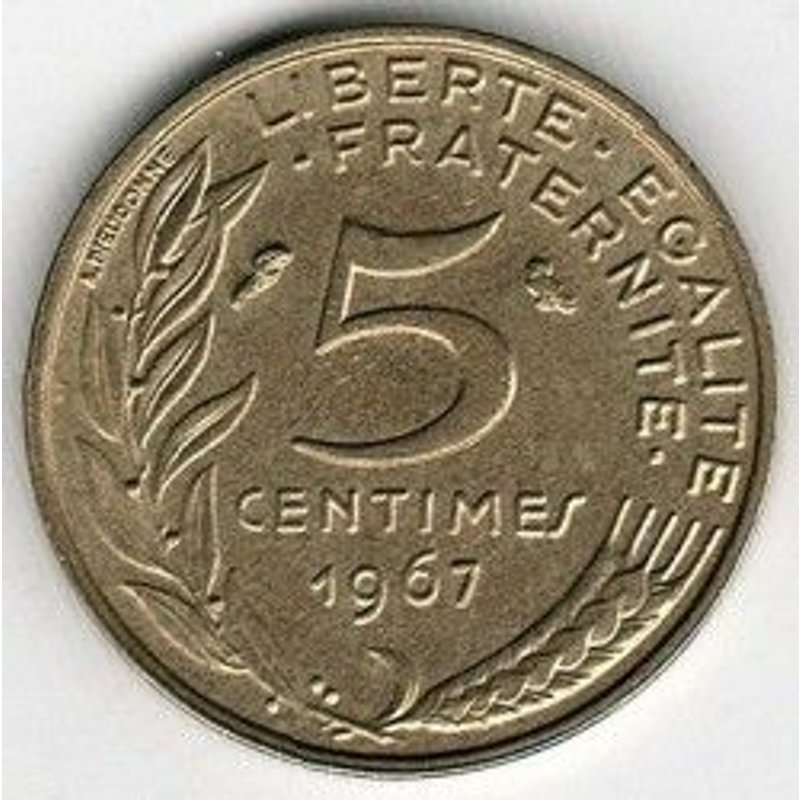 France = Pièce De Monnaie De 5 Centimes De Francs, Type Marianne, Graveur Dieudonné Et Lagriffoul, Année 1967.