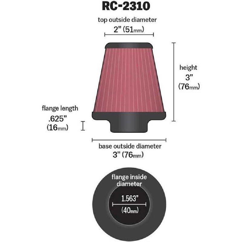 Filtre à air K&N RC-2310 CLAMP-ON Ã40mm L76mm