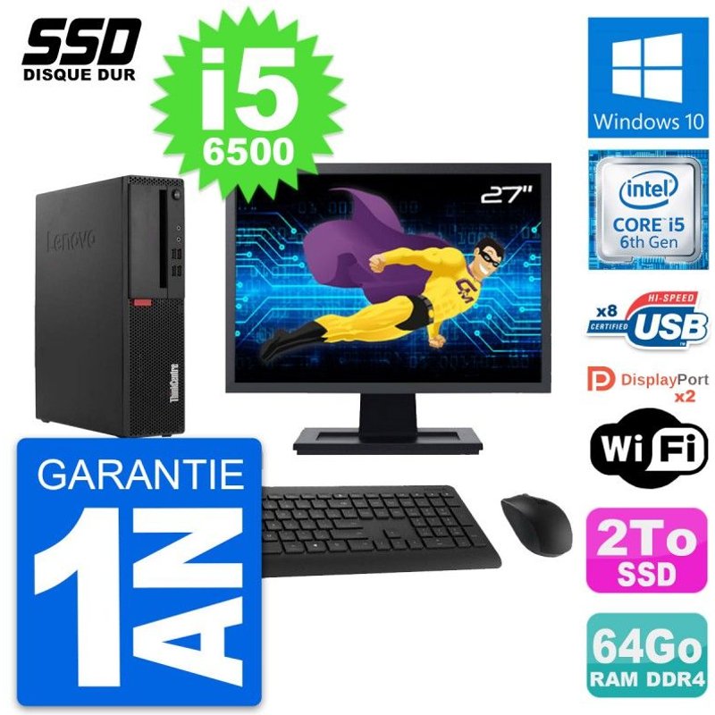 PC Lenovo M910s SFF Ecran 27" Intel i5-6500 RAM 64Go SSD 2To Windows 10 Wifi