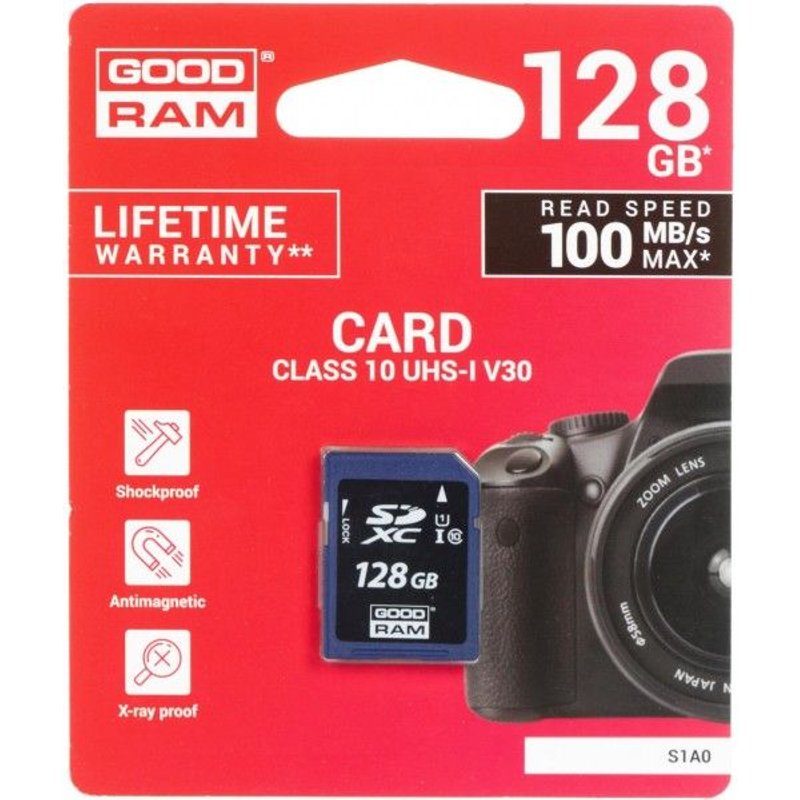 GOODRAM S1A0 - Carte mémoire flash - 128 Go - Video Class V30 / UHS-I U1 / Class10 - SDXC UHS-I