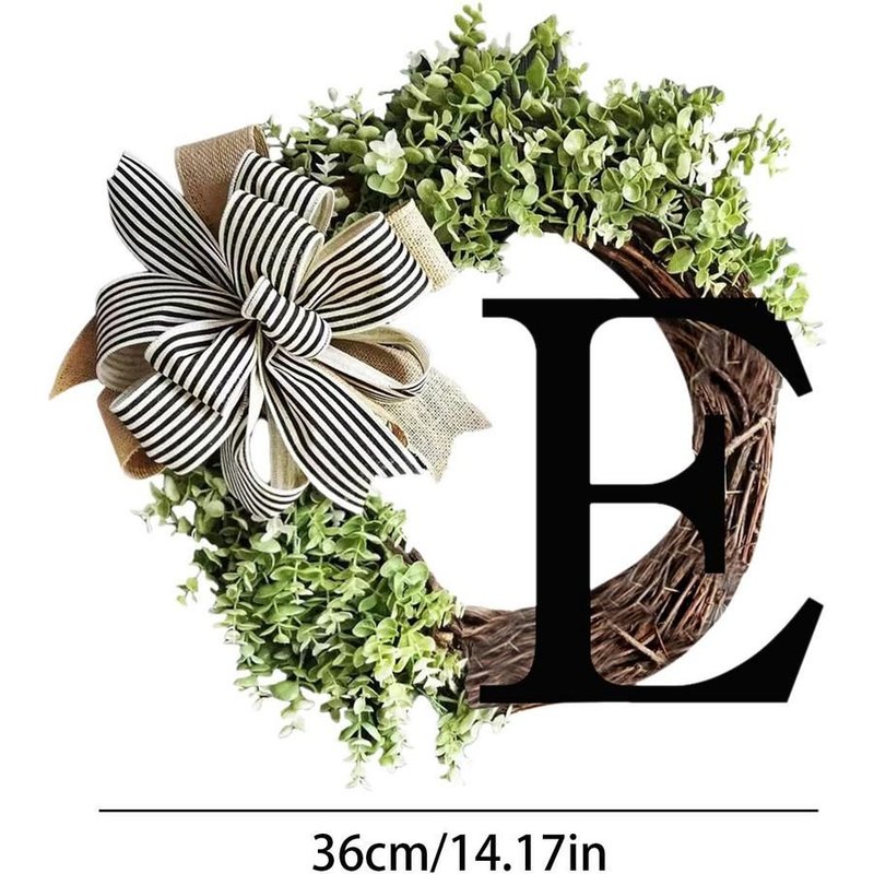 Couronne De Porte D'entrée Avec Feuilles Vertes, Nom De Famille Initial, Ferme Rustique, Toute L'année, 36cm, 14,17 Po
