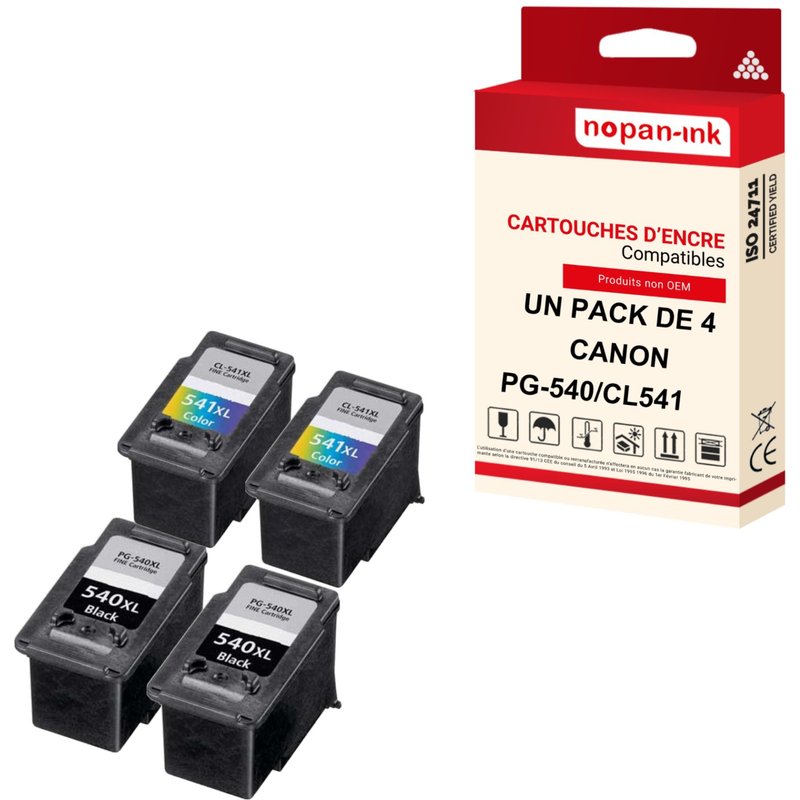 NOPAN-INK - x4 Cartouches compatibles pour CANON 540 XL (x2) + 541 XL (x2) 540XL (x2) + 541XL (x2) Noir + Cyan + Magenta + Jaune pour HP OfficeJet 690