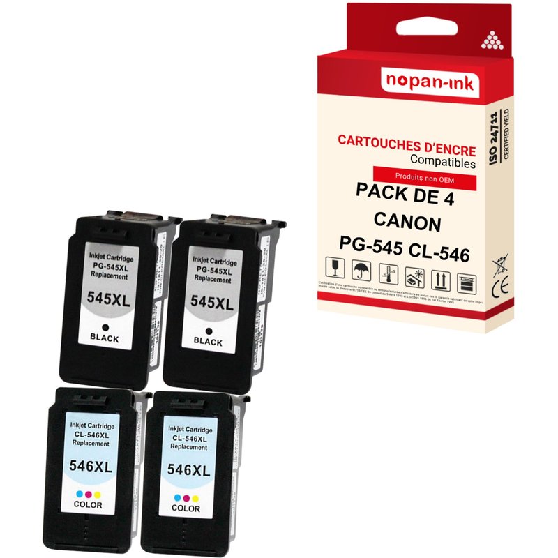NOPAN-INK - x4 Cartouches compatibles pour CANON PG-545 XL (x2) + CL-546 XL (x2) PG-545XL (x2) + CL-546XL (x2) Noir + Cyan + Magenta + Jaune pour Cano