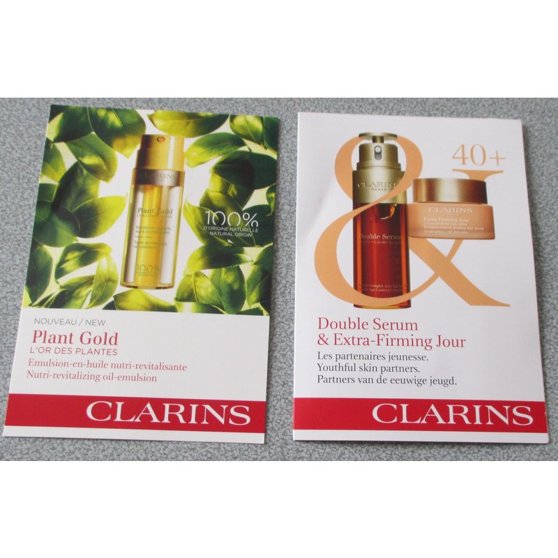 Emulsion L'or Des Plantes + Double Serum & Extra-Firming Jour - Produits Clarins Présentés Sur Cartonettes Publicitaires - Pour Essai Ou Collection De Produits De La Marque