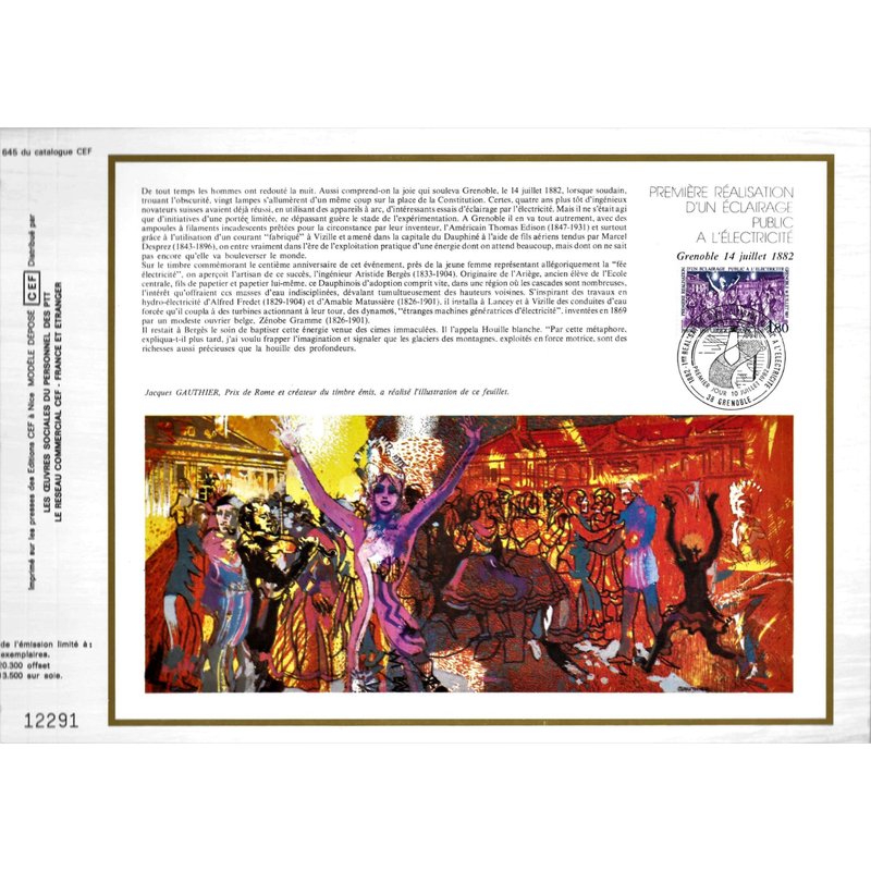 Document Philatélique Cef N° 645 Année 1982 Timbre N°2224 1er Jour Première Réalisation D'un Éclairage Public À L'électricité10/07/1982 Grenoble