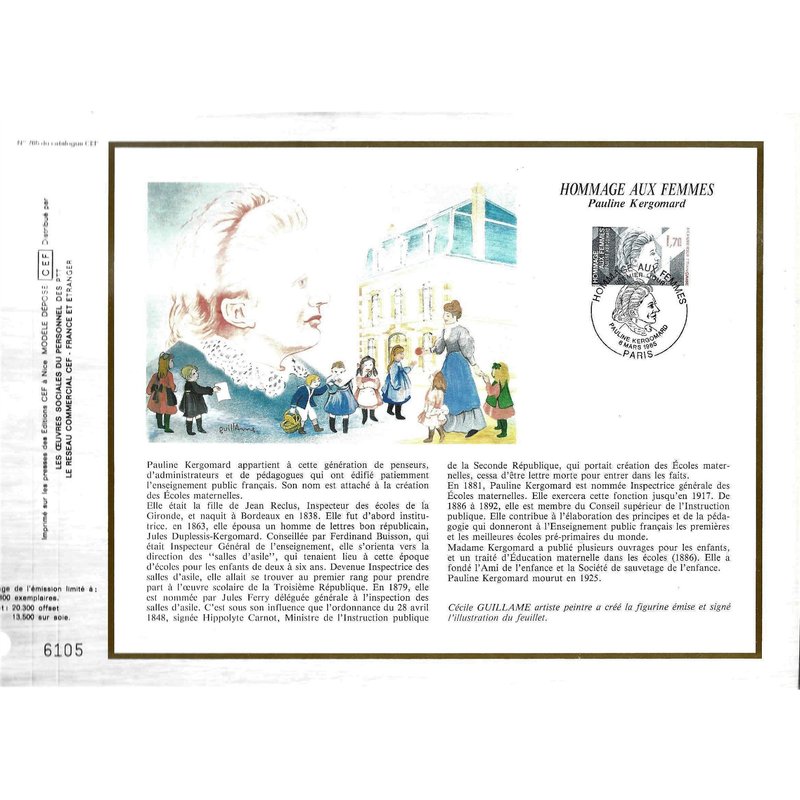 Document Philatélique Cef N° 765 Année 1985 Timbre N° 2361 1er Jour Hommage Aux Femmes Pauline Kergomard 08/03/1985paris