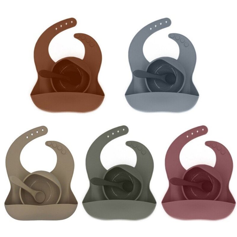 3 Pièces Bébé Vaisselle Ensemble Silicone Bavoirs + Assiette Bol + Cuillère Vaisselle Ensemble P31b