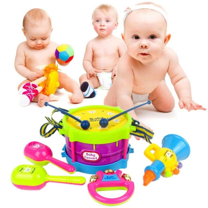 5 Pièces/Ensemble De Jouets Musicaux Rouleau Tambour Instruments De Musique Kits De Bande Enfants Début Jouet Éducatif Cadeau Bébé Saisir Main Cloche Musique Jouet