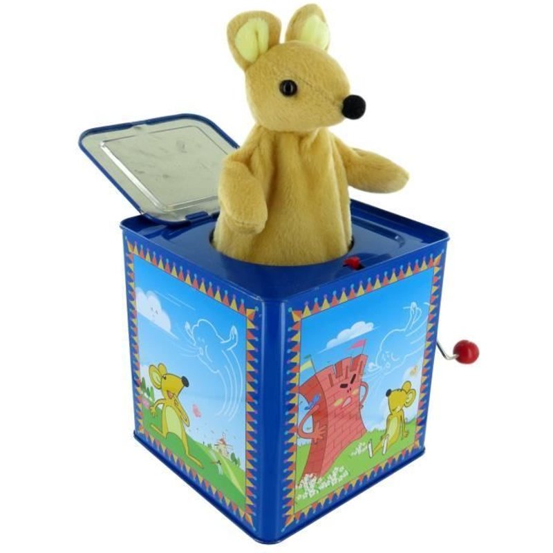 Diable En Boîte - Jack In The Box - Souris Dans Boîte À Musique À Manivelle Bleue En Métal