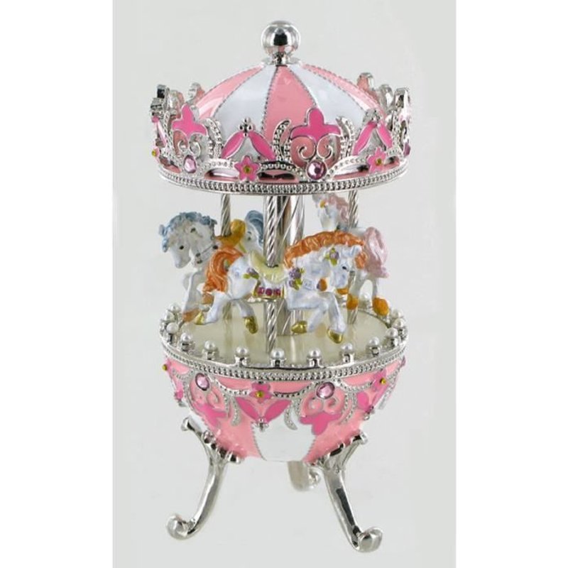Oeuf Musical De Style Fabergé En Métal Avec Chevaux De Carrousel. Oeuf Musical Rose Pour Pâques - La Valse De Brahms
