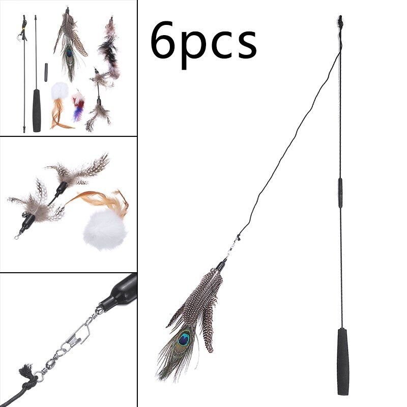 6 Pièces Plume Chat Teaser Jouer Jouet Chat Drôle Jouer Baguette Teaser Outils 5 Têtes De Remplacement Jouets Pour Animaux De Compagnie Outils