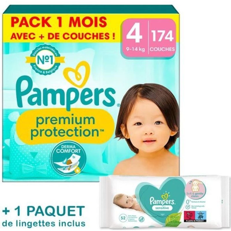Couches Pampers Premium Protection Taille 4 - Pack 1 Mois 174 Couches