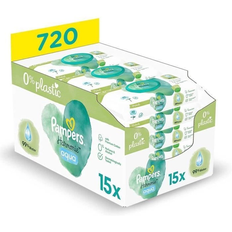 Pampers Lingettes Bébé Aqua Harmonie 720 Lingettes (Lot De 15 X 48)Sans Parfum Ni Alcool 99% D'eau Et Des Fibres D'origine Végétale