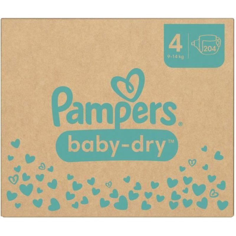 Couches Pampers Baby-Dry Taille 4 - 204 Couches - 9kg À 14kg