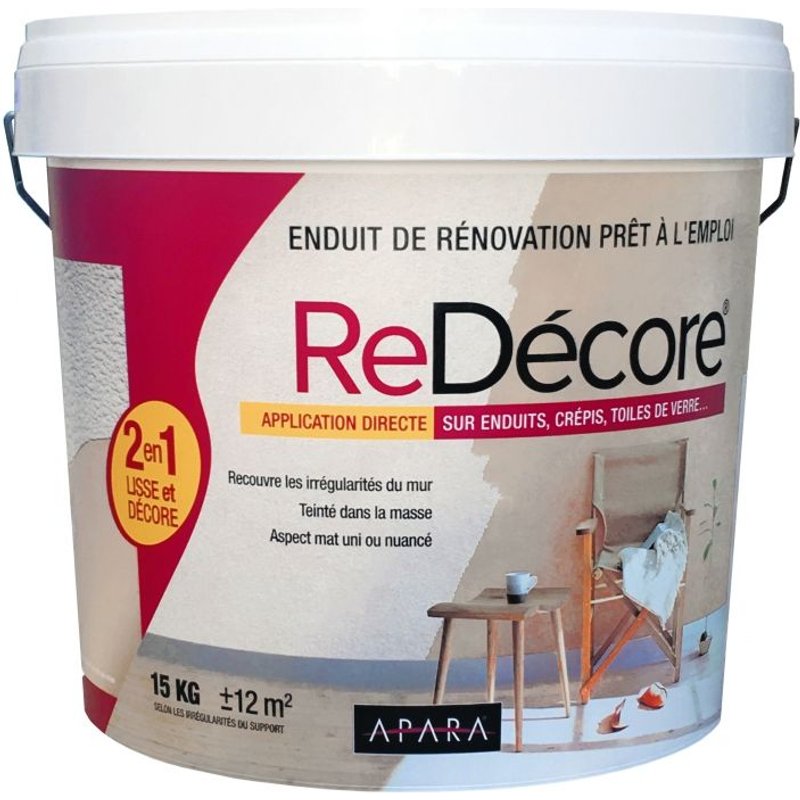 Enduit décoratif, rénovation rapide, 2 en 1, lisse et décore sur plâtre, peintures, crépis, fibres, toile de verre 15 Kg Blanc