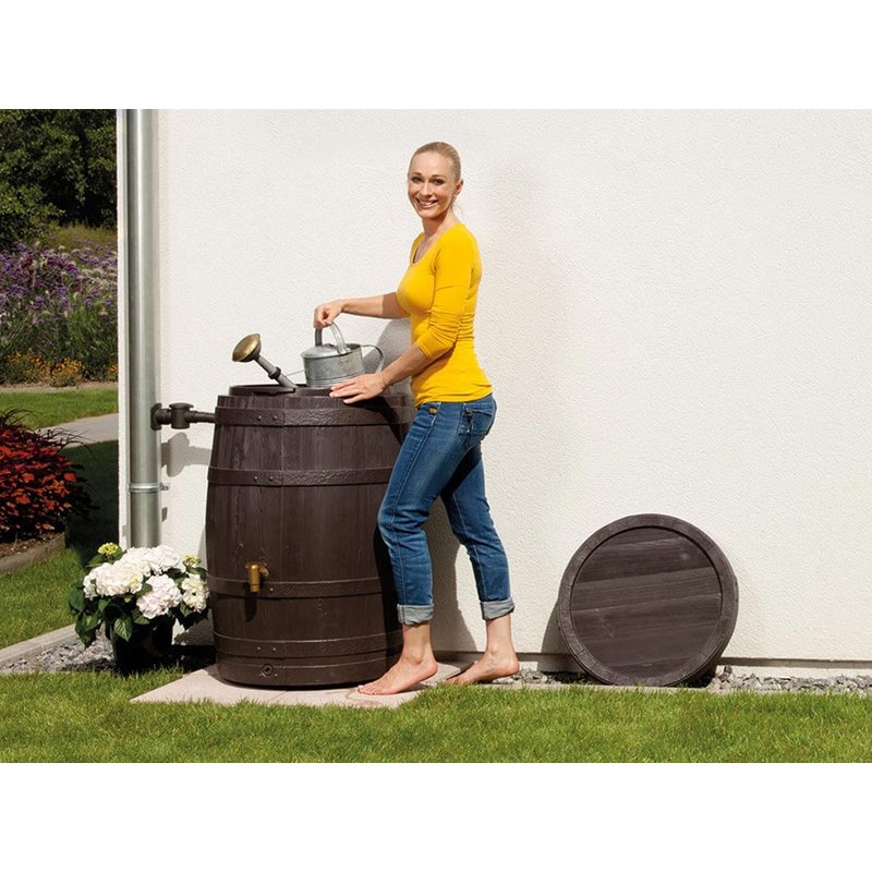 Tonneau Vino 250 L Brun avec robinet PE imitation laiton et collecteur filtrant Eco gris.