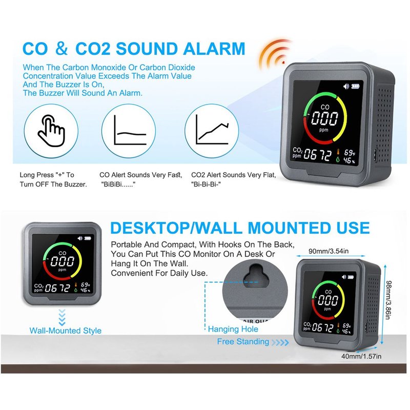 DéTecteur de Monoxyde de 4 en 1, Moniteur Portable de Monoxyde de , Moniteur de Qualité de L'Air, Bureau/Mur