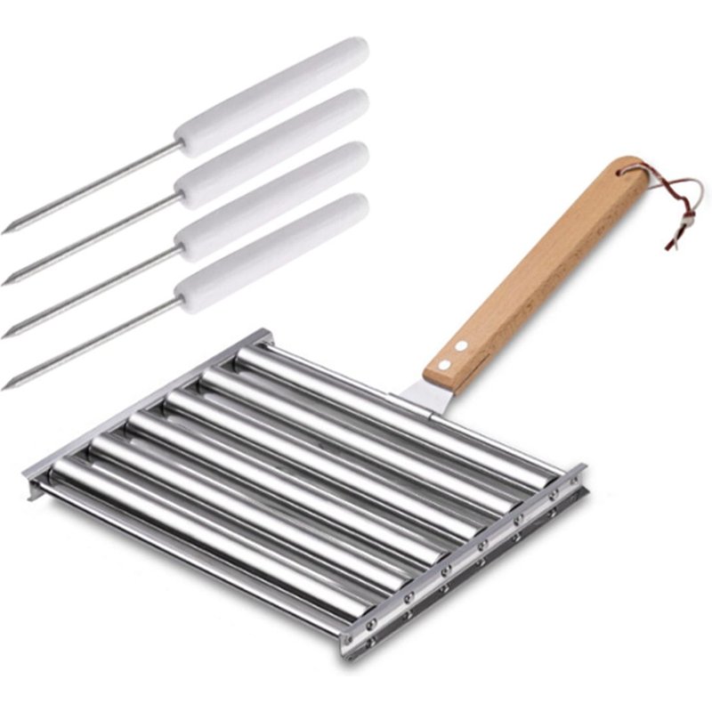 Rouleau à Hot-Dog en Acier Inoxydable pour Gril, Support Rouleaux de Saucisses Barbecue avec Poignée Bois, Outils Essentiels Portables