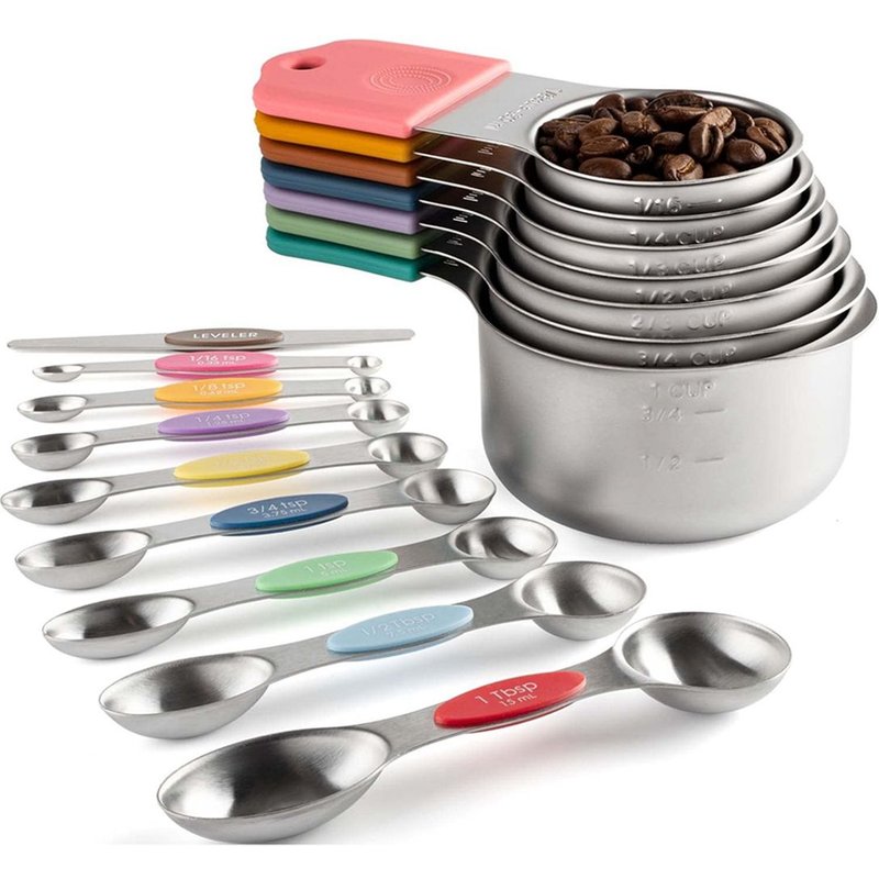 Ensemble de 16 Tasses et Cuillères à Mesurer Magnétiques en Acier Inoxydable, 7 Robustes, 8 Double Face avec Niveleur Multicolore