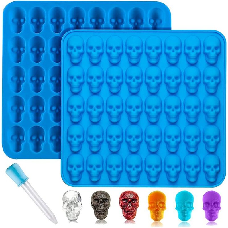 2 PièCes Skull Bonbons Moules Silicone, Chocolat Moules avec 1 Compte-Gouttes Silicone AntiadhéSif de Qualité Alimentaire pour Bonbons Bleu