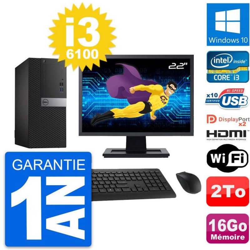 PC Tour Dell 7040 Ecran 22" i3-6100 RAM 16Go Disque 2To HDMI Windows 10 Wifi