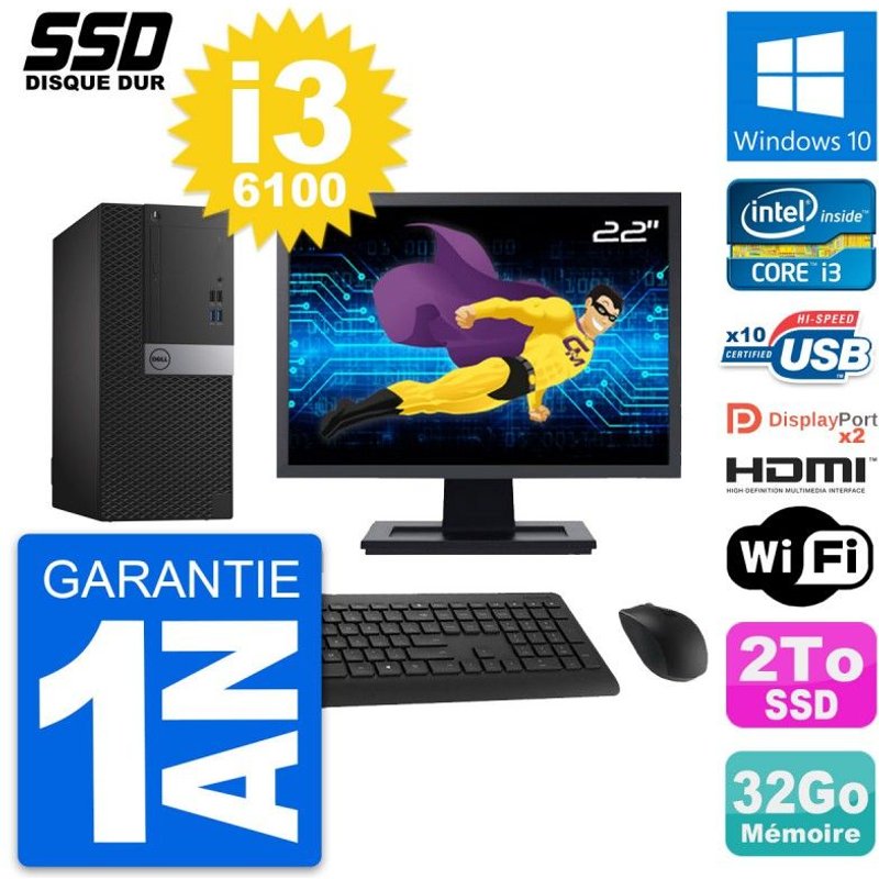 PC Tour Dell 7040 Ecran 22" Intel i3-6100 RAM 32Go SSD 2To HDMI Windows 10 Wifi