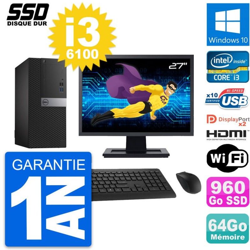 PC Tour Dell 7040 Ecran 27" Core i3-6100 RAM 64Go SSD 960Go HDMI Windows 10 Wifi