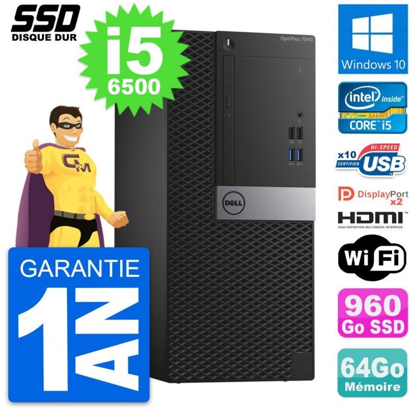 PC Tour Dell OptiPlex 7040 Core i5-6500 RAM 64Go SSD 960Go HDMI Windows 10 Wifi