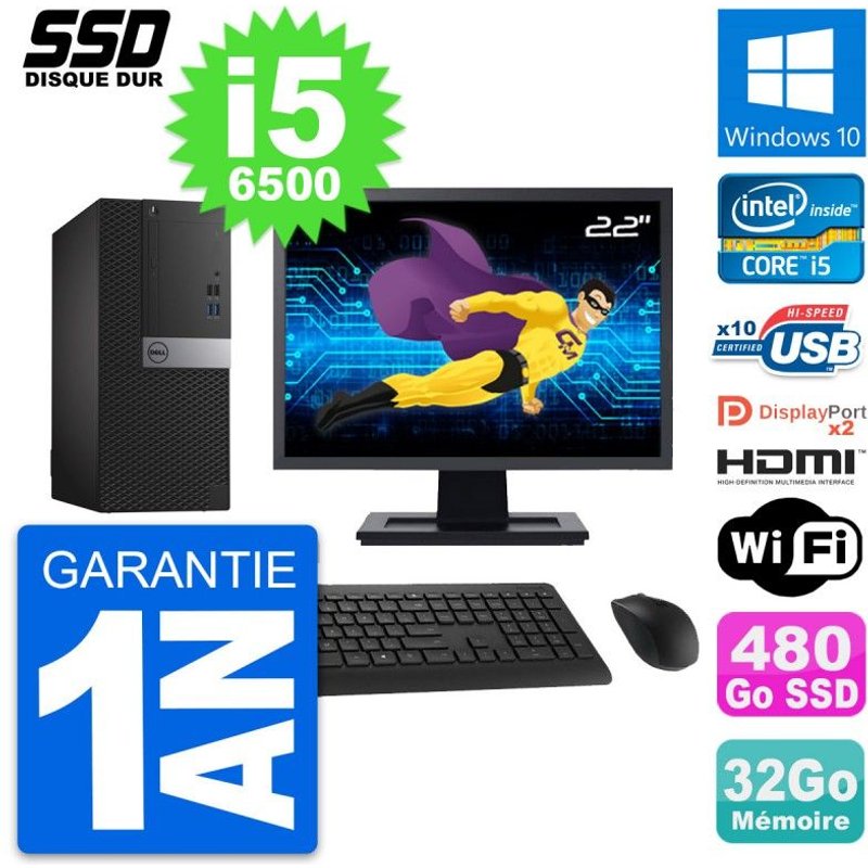 PC Tour Dell 7040 Ecran 22" Core i5-6500 RAM 32Go SSD 480Go HDMI Windows 10 Wifi