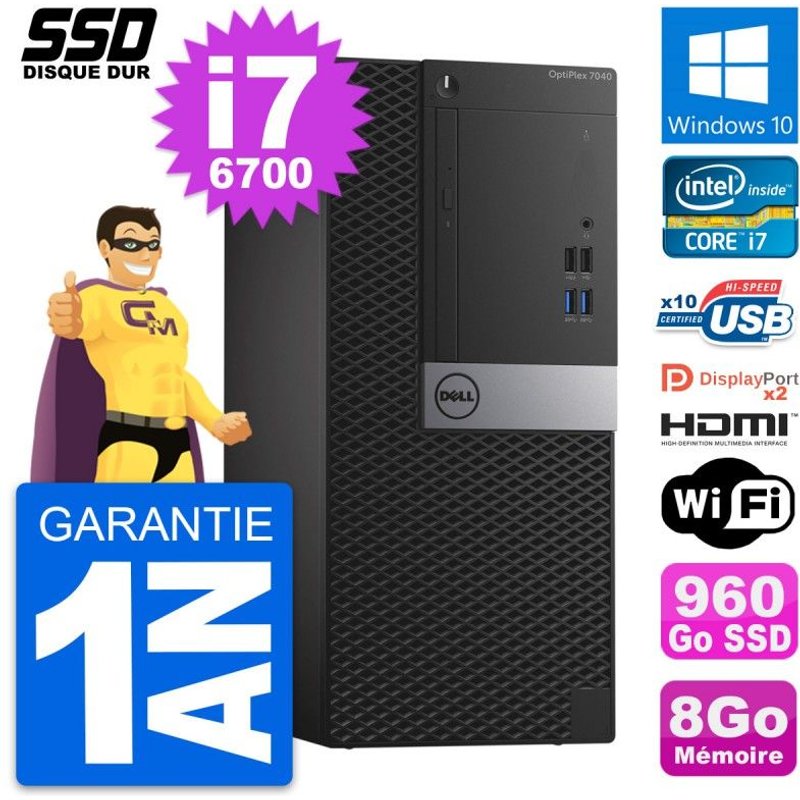 PC Tour Dell OptiPlex 7040 Intel i7-6700 RAM 8Go SSD 960Go HDMI Windows 10 Wifi