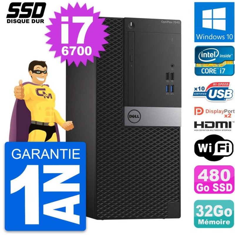 PC Tour Dell OptiPlex 7040 Core i7-6700 RAM 32Go SSD 480Go HDMI Windows 10 Wifi