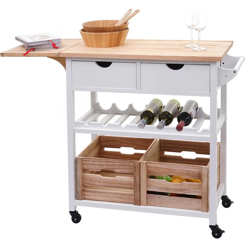 Chariot De Service Hwc-G35, Chariot De Cuisine À Roulettes Bois De Pin 89x119x41cm, Blanc Naturel
