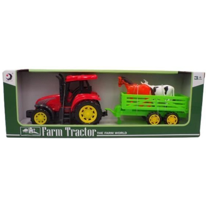 Jouet - Tracteur Avec Remorque Et 2 Animaux - Rouge - 32 Cm