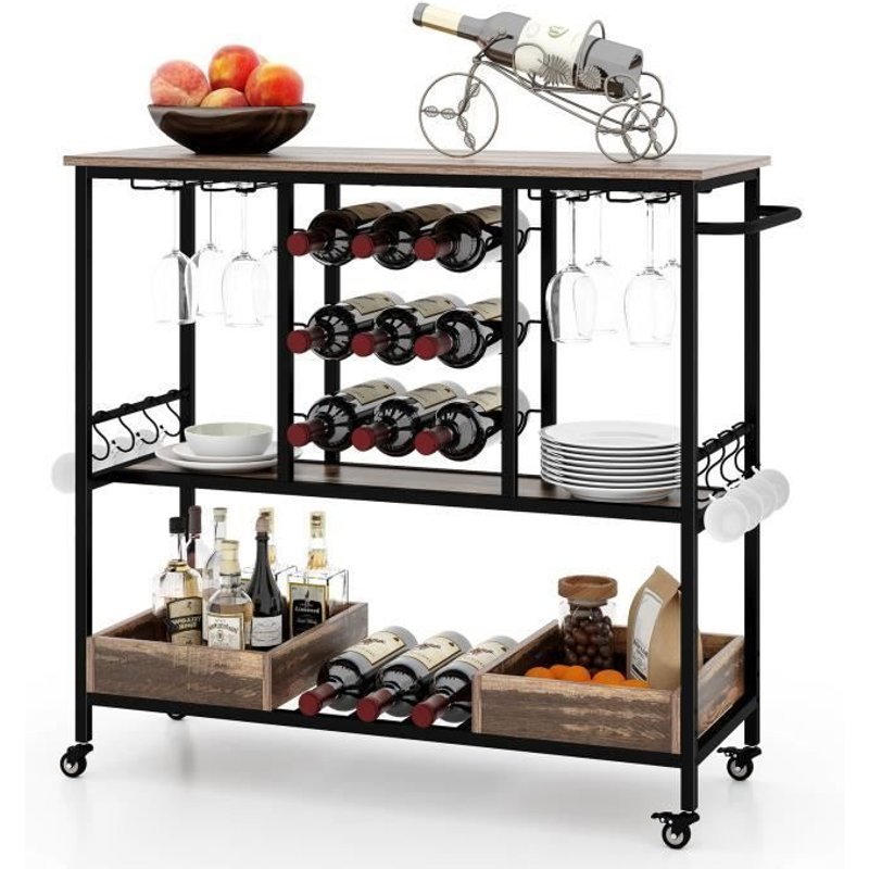 Costway Desserte De Cuisine Sur Roues, Chariot De Bar À 3 Étages, Porte-Verres, Porte-Bouteilles, Boîte De Rangement, Couleur Clair