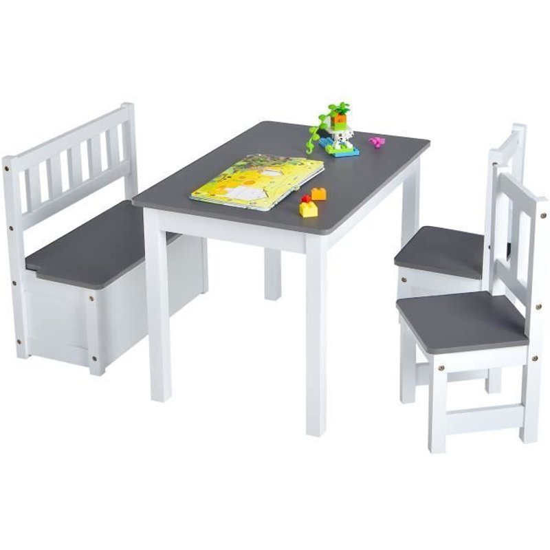 Costway Ensemble De Table Et Chaises Pour Enfant, Avec Table, 2 Chaises Et Banc De Rangement 2 En 1, Pour Étudier Et Manger, Gris