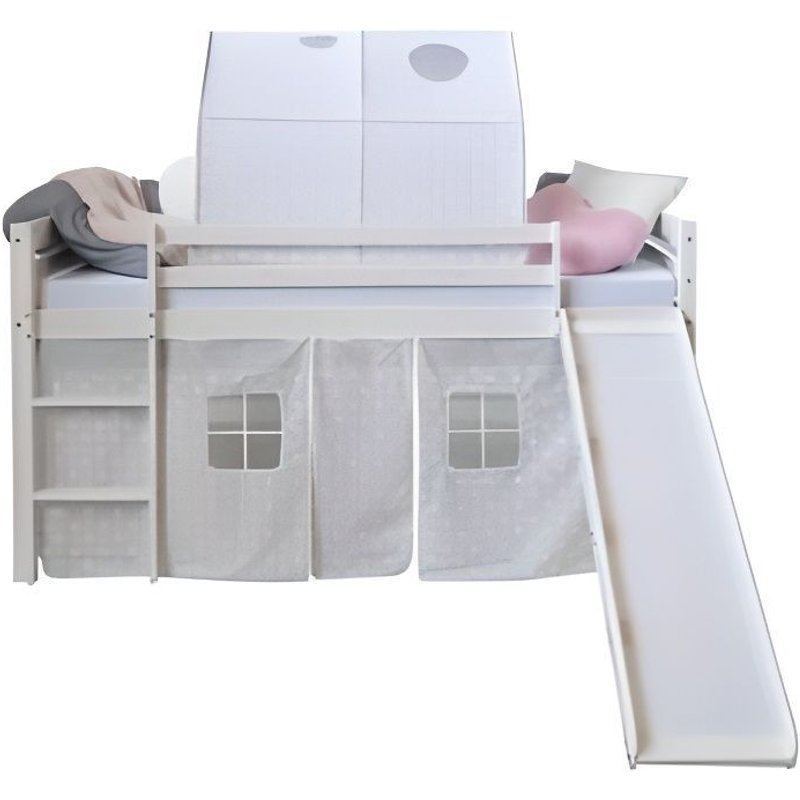 Lit Mezzanine 90x200 Avec Toboggan - Homestyle4u - Gris - Bois Massif - A Lattes - Enfant