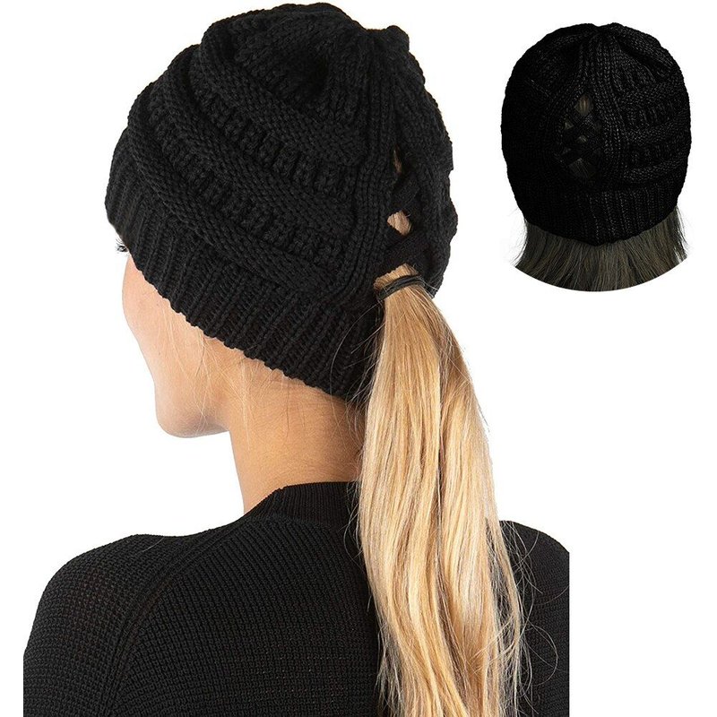 Croix Net Casquette Hiver Chapeaux Pour Femmes Vide Haut Queue De Cheval Laine Chapeau Solide Automne Laine Mélanges Doux Chaud Tricoté Casquettes Queue De Cheval Chapeau