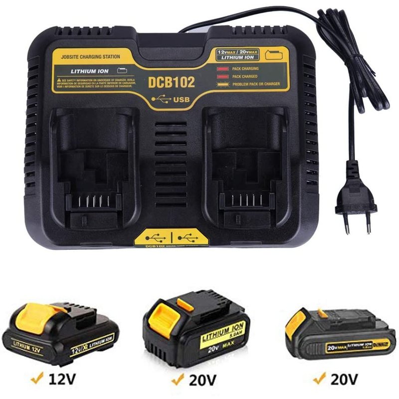 DCB102 Li-ion batterie Chargeur double port pour Dewalt 10.8V 12V 14.4V 18V 20V DCB101 DCB200 DCB140 DCB105 DCB102BP