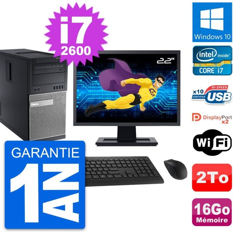 PC Tour Dell 9010 Ecran 22" Intel i7-2600 RAM 16Go Disque 2To Windows 10 Wifi