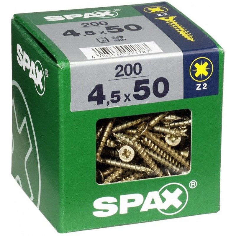 Lot de 200 vis acier tête fraisée pozidriv SPAX, Diam.4.5 mm x L.50 mm
