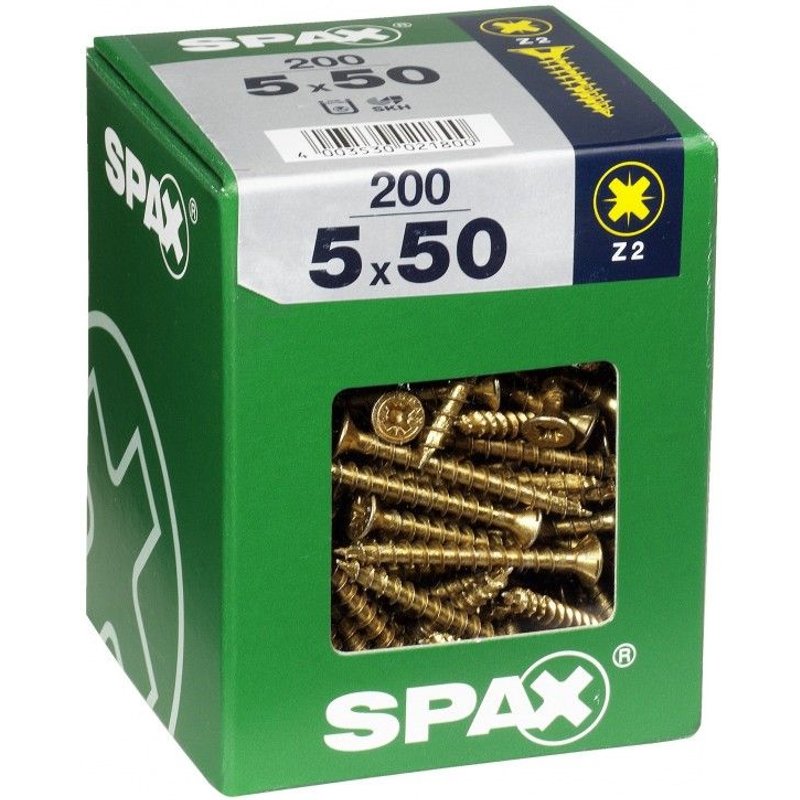 Lot de 200 vis acier tête fraisée pozidriv SPAX, Diam.5 mm x L.50 mm
